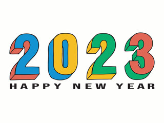 Happy New Year 2023. Happy New Year congratulations in black, blue, red, blue and yellow colors. Vector illustration isolated on white background.