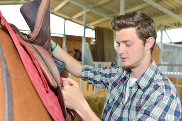 Man securing strap on saddle