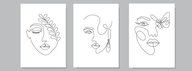 Continuse one line art drawing women's faces set.