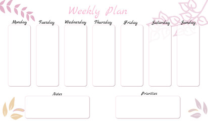 Weekly Plan, organizer, planner for your notes and notes, with elements of grass, leaves in pastel tones.