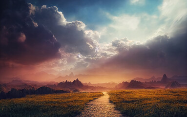 Beautiful dramatic mysterious landscape with spiritual pathway to heaven. Digital 3D illustration.