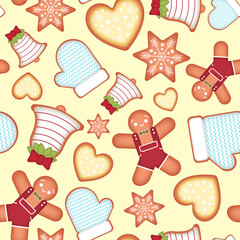Seamless pattern. Christmas gingerbread. Sweets, gifts, food, holiday. Vector, flat style.