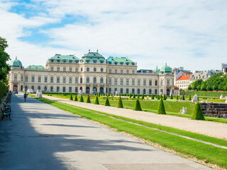 Vienna, Austria - June 2022: View with Belvedere Palace (Schloss Belvedere) built in Baroque architectural style and located in Vienna, Austria