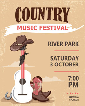 Poster of country live music festival. Concert banner template with guitar and cowboy hat western style concept illustration 
