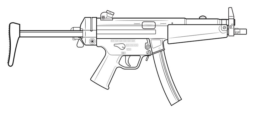 Vector illustration of the MP5 machine gun with unfolded stock on the white background. Right side