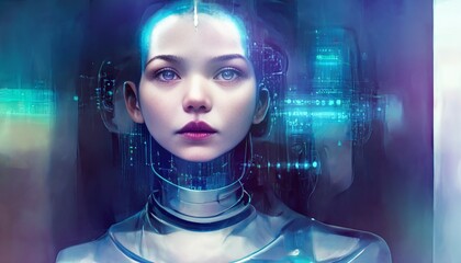 Artificial Intelligence Robotic Charming Female Android Woman Looking Front with Glowing Blue Hologram Lights