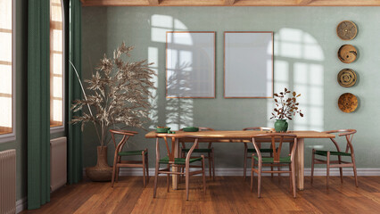 Classic vintage dining room in white and green tones. Wooden table with chairs, parquet and frame mockup. Farmhouse interior design