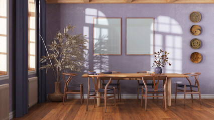 Classic vintage dining room in white and purple tones. Wooden table with chairs, parquet and frame mockup. Farmhouse interior design