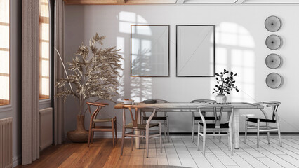 Architect interior designer concept: hand-drawn draft unfinished project that becomes real, classic vintage dining room. Wooden table with chairs, parquet and frame mockup