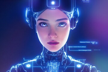 Artificial Intelligence Robotic Female Android Looking Front with Glowing Blue Hologram Lights