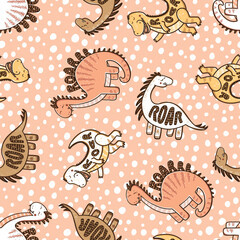 Vector Cute Dinosaur Seamless Pattern for kids. Childish Polka Dots Background with Funny Dinosaurs.