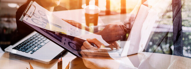 Obraz premium businesswoman hand working with laptop computer, tablet and smart phone in modern office with virtual icon diagram at modernoffice in morning light