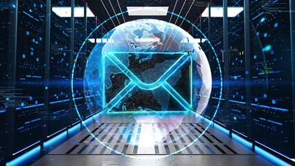 E-mail Icon Moving Through Rack Servers in Data Center. Concept of envelope and document on screen. E-mail, email marketing, internet advertising concepts. inbox messages appearing in the mailbox - Powered by Adobe