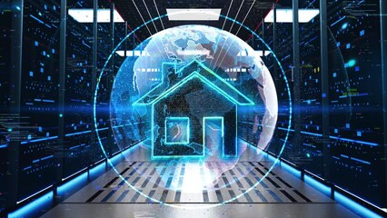 House Icon Moving Through Rack Servers in Data Center. Concept of Medical network connection modern virtual screen interface, medical technology network. medical laboratory IoT technology health care