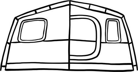camping tent outline doodle drawing on white background.