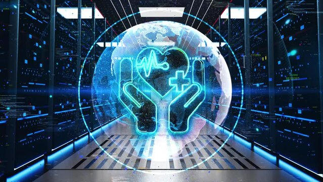 Health Icon Moving Through Rack Servers in Data Center. Concept of Global video game, cloud computing and digital interface. Esport gaming pad symbol, video controller, 5g game and cyber sport.