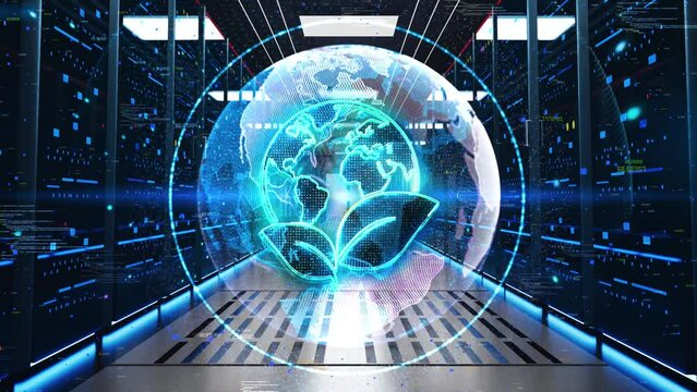 Environment Icon Moving Through Rack Servers in Data Center. Concept of Environment protection concept. Renewable energy. Sustainable development goals. World environment and earth day concept