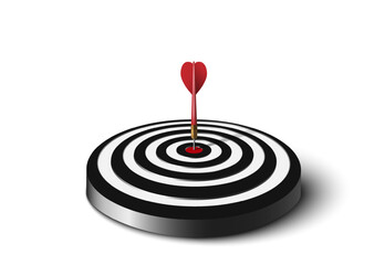 Fototapeta na wymiar Red dart hit to center of dartboard on the floor. Arrow on bullseye in target. Business success, investment goal, opportunity challenge, aim strategy, achievement focus concept. 3d vector illustration