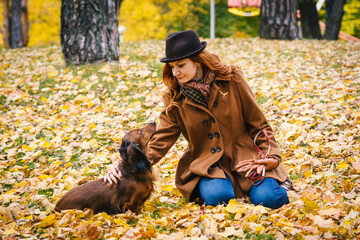 Young red-haired woman plays in the park with a red dachshund dog. Girl petting a dog