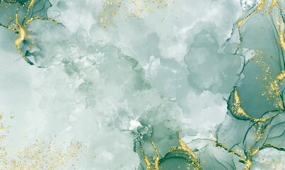 Green watercolor background drawn by brush. Green paints spilled on paper. Golden shiny christmas and Liquid marble texture. Fluid art luxury wallpaper for design, print, invitation
