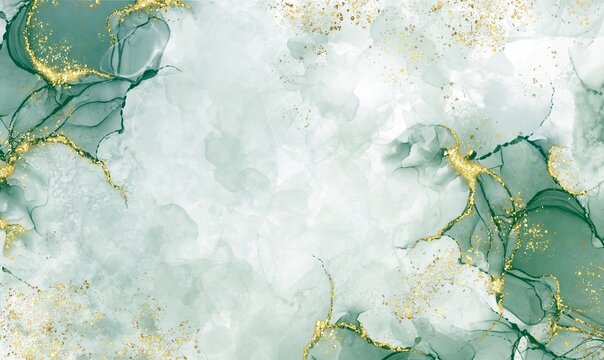 Green watercolor background drawn by brush. Green paints spilled on paper. Golden shiny christmas and Liquid marble texture. Fluid art luxury wallpaper for design, print, invitation

