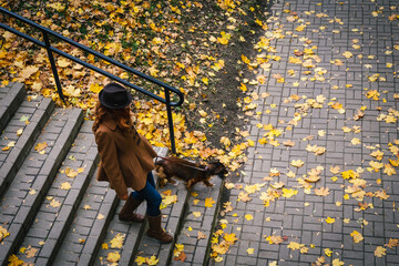 Young red-haired woman walking in the park with a red dachshund dog. Girl with a pet going down the stairs, top view