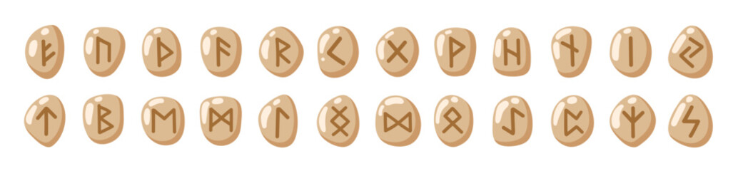 Runes collection. Runic nordic alphabet. Viking celtic futhark symbols on grey stones. Mystical, esoteric, magic symbols predicting future. Set of scandinavian or german letters. Vector illustration. © Anastasia