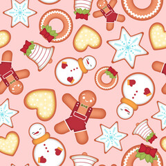 Seamless pattern. Christmas gingerbread. Sweets, gifts, food, holiday. Vector, flat style.