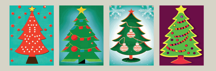 Vector set of cartoon Christmas trees, pine trees for greeting cards, invitations, banners, web. Christmas tree with garlands, light bulb, star