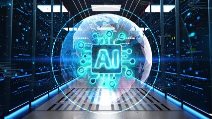 Artificial Intelligence AI Icon Moving Through Rack Servers in Data Center. Concept of AI Digital learning processing big data, analysis. Cyber Technology AI Artificial Intelligence of Digital Devices - Powered by Adobe