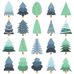 Christmas tree icon set in flat design. Winter decoration for greeting gard. Vector illustration.