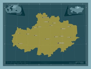 Aqmola, Kazakhstan. Solid. Labelled points of cities