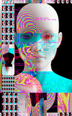 3d portrait of a man with glitch effect. Cyberpunk style. Conceptual image of artificial intelligence.Virtual reality. Deep Learning and Face recognition systems.