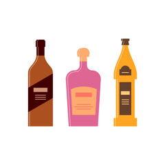 Set bottles of whiskey liquor beer. Icon bottle with cap and label. Great design for any purposes. Flat style. Color form. Party drink concept. Simple image shape