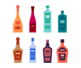 Set bottles of champagne wine schnapps gin whiskey vodka liquor cream. Icon bottle with cap and label. Graphic design for any purposes. Flat style. Color form. Party drink concept. Simple image shape
