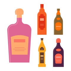 Set bottles of cream balsam brandy beer liquor. Icon bottle with cap and label. Graphic design for any purposes. Flat style. Color form. Party drink concept. Simple image shape