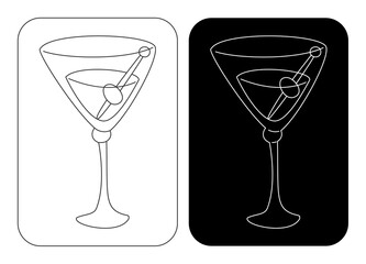 Martini glass with olive in thin lines. Cartoon sketch graphic design. Doodle style. Black white hand drawn image. Party drink concept for restaurant, cafe, party. Freehand drawing. Two kinds