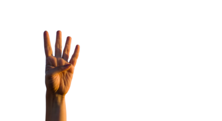 Hand making number four gesture on transparent background.