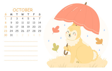 October children's calendar for 2023 with an illustration of a cute rabbit with a red umbrella. 2023 is the year of the rabbit. autumn illustration calendar page.