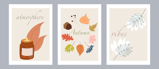 Vector illustration. Set of autumn postcard or poster. Autumn atmosphere concept. The illustration shows a candle and autumn leaves.