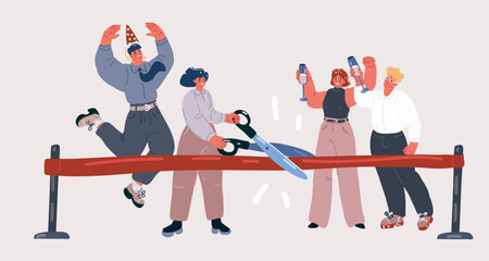 Vector illustration of inauguration of the building with ribbon cutting, people celebrating around. Open business. Woman with scissors - obrazy, fototapety, plakaty
