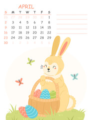 April children's vertical calendar for 2023 with an illustration of a cute rabbit with Easter eggs in a basket. 2023 is the year of the rabbit. spring Easter illustration of the calendar page.