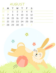 August children's vertical calendar for 2023 with an illustration of a cute rabbit playing with a ball. 2023 is the year of the rabbit. summer illustration calendar page.