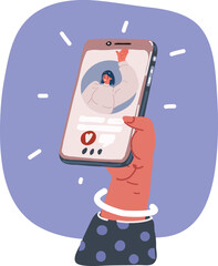 Cartoon hand holding mobile smart phone. Woman on smartphone