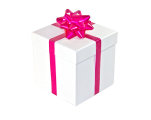 White gift box with a pink bow, closed, isolated