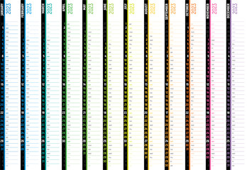 Creative rainbow wall calendar 2023. Vertical design stripes. Week starts mondays, sundays holidays. Editable vector template.