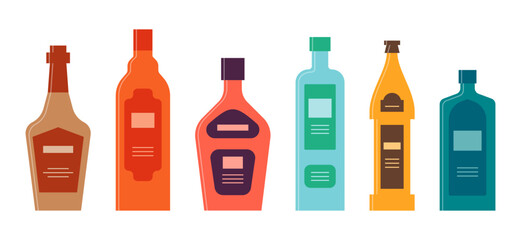Set bottle of whiskey balsam liquor vodka beer gin in row. Icon bottle with cap and label. Graphic design for any purposes. Flat style. Color form. Party drink concept. Simple image shape