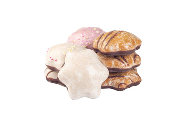 German gingerbread cookies Lebkuchen in different shapes and colors, isolated on white