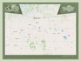 North Kazakhstan, Kazakhstan. OSM. Labelled points of cities