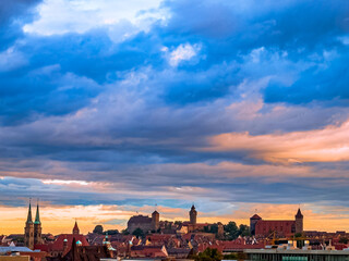 Fototapeta premium Nuremberg panorama with cloudy morning sky, a landmark of the Franconian metropolis in Bavaria, Germany.